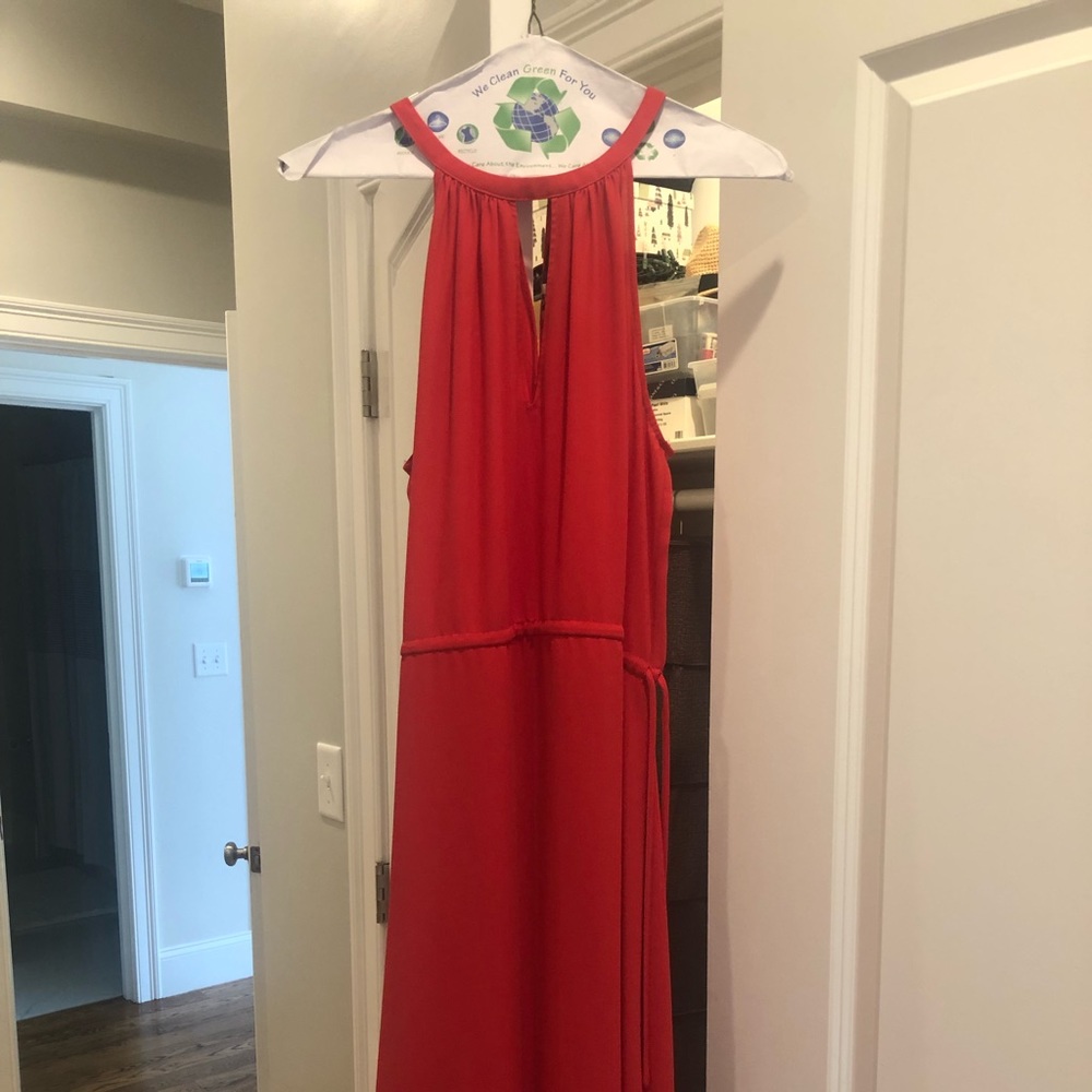 BCBG red dress with waist tie.